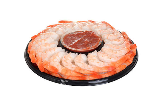 Cocktail Shrimp - Cooked, Peeled, Deveined, Tail-On  Available in 10oz and 17oz with cocktail sauce included - c
