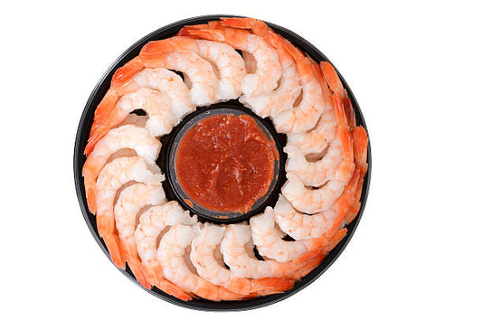 Cocktail Shrimp - Cooked, Peeled, Deveined, Tail-On  Available in 10oz and 17oz with cocktail sauce included - c